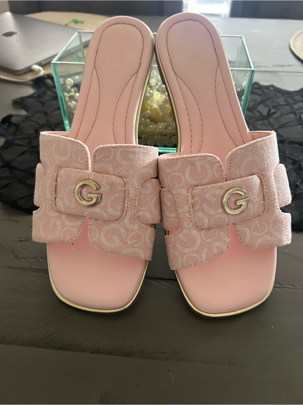 Guess Pink Logo Buckle Slide Mules